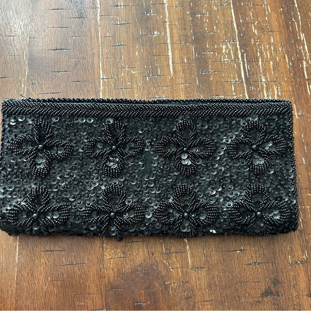 Vintage Black Beaded Clutch, Handmade in British Hong Kong 50s-60s